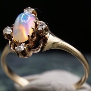 c.1880 Victorian Engagement Ring Opal Rose Cut Diamonds 10k Rose Gold